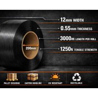 PP Strapping Tape 12 mm x 3000 m x 0.55 mm Black
